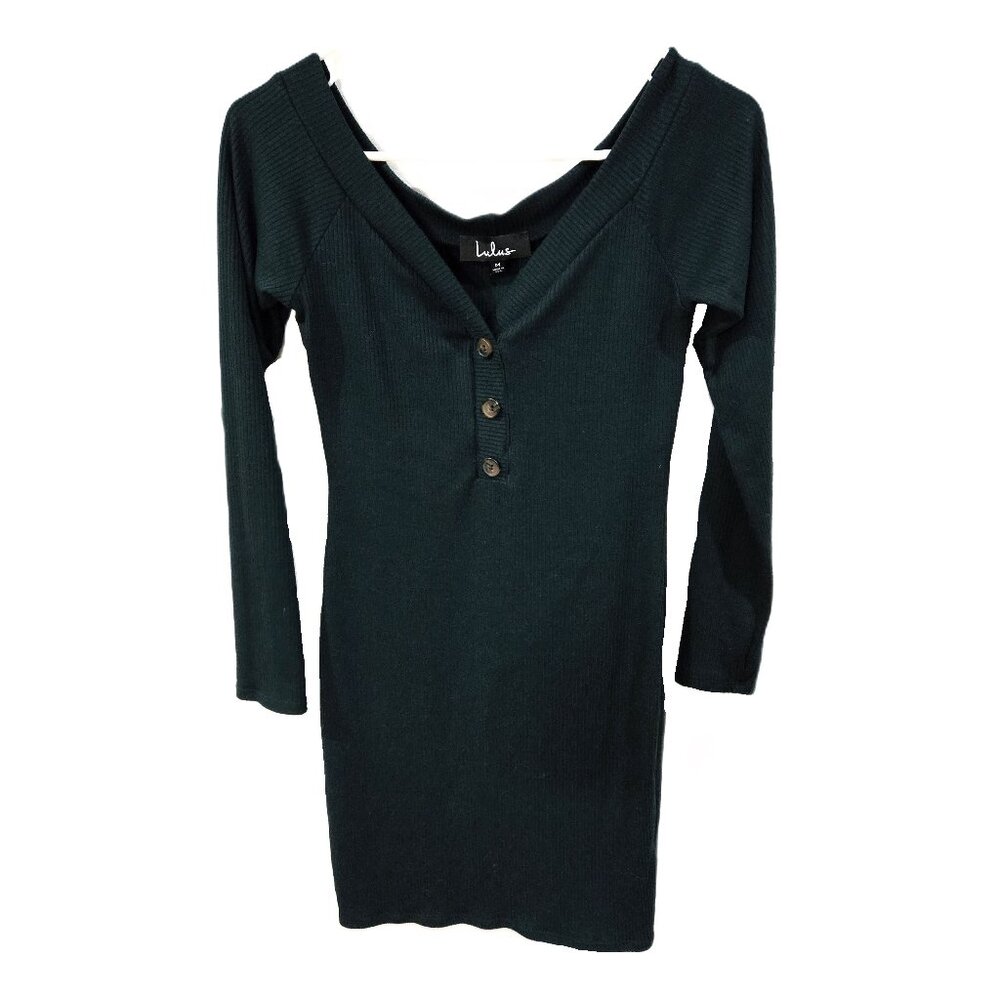 Lulus Sz Medium Womens Green Ribbed Knit Long Sleeve Dress